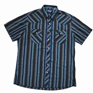 Wrangler Western Shirt Striped Short Sleeve Pearl Snap Front XLT Tall Blue Green